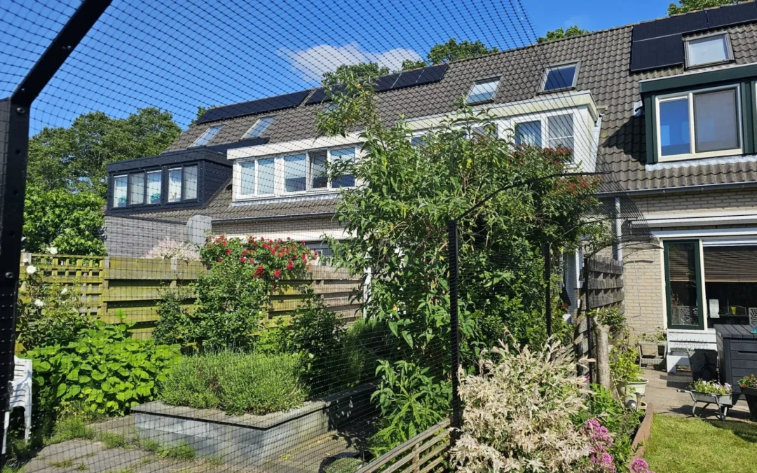 Katvriendelijke tuin in Amstelveen met veilige omheining, veel groen, loungeplekjes en speelplekjes voor katten.