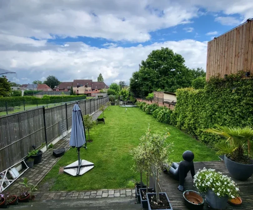 Katvriendelijke tuin in Oudenaarde, België met veilige omheining, veel groen, loungeplekjes en klimopties voor katten.