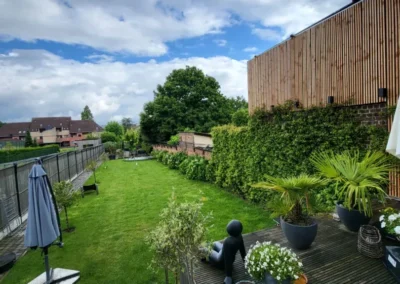 Katvriendelijke tuin in Oudenaarde, België met veilige omheining, veel groen, loungeplekjes en klimopties voor katten.